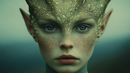 Ethereal fantasy portrait of a model with green skin and elaborate facial features, evoking a mystical atmosphere in nature