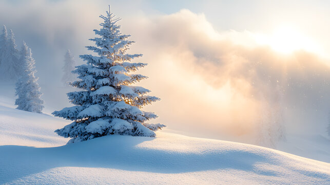 Winter's Embrace: A pristine snow-covered landscape with a frosted evergreen tree bathed in the soft glow of sunlight, creating a serene and picturesque scene.  - Powered by Adobe