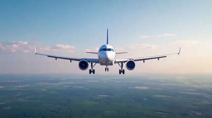 Naklejka premium A commercial airplane flying over a vast landscape, showcasing a clear sky and green fields below, embodying the essence of travel and aviation.