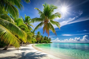 Idyllic Tropical Beach: Palm Trees, White Sand, Azure Sea - High-Resolution Stock Photo