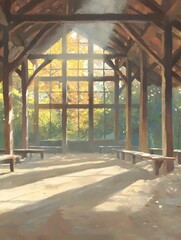 Obraz premium Serene autumnal light streams into a rustic wooden pavilion, illuminating benches. Peaceful, contemplative atmosphere.