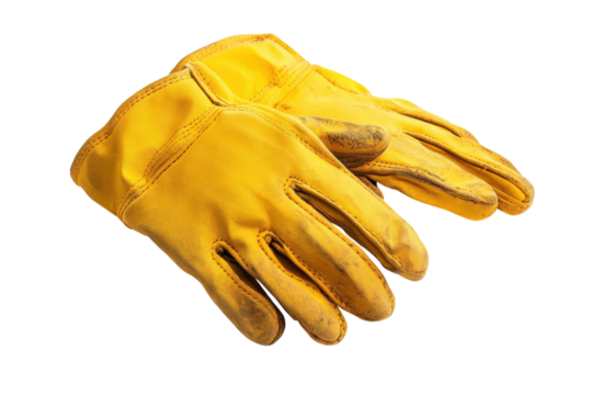 Bright yellow work gloves resting on a clean surface after a productive day in the garden isolated on transparent background