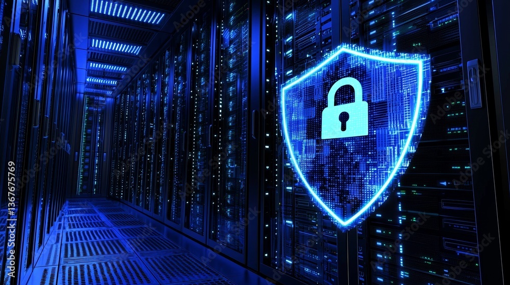 Poster securing a digital server for cybersecurity purposes involves the use of a shield and lock icon, as 