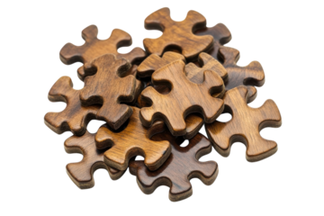 Beautiful handcrafted wooden puzzle pieces stacked on each other creating a rustic appearance isolated on transparent background