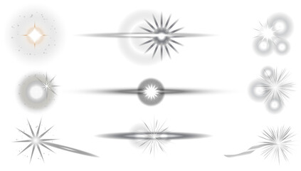 Silver snowflake. Stars in space.Realistic silver vector snow Flash. Glowing effects. Glowing effects light or sunlight reflection from lens. Isolated glints set shimmeriset of vector elements.