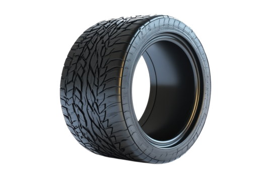 A sleek black tire showcasing intricate tread patterns against a bright, minimalist backdrop isolated on transparent background