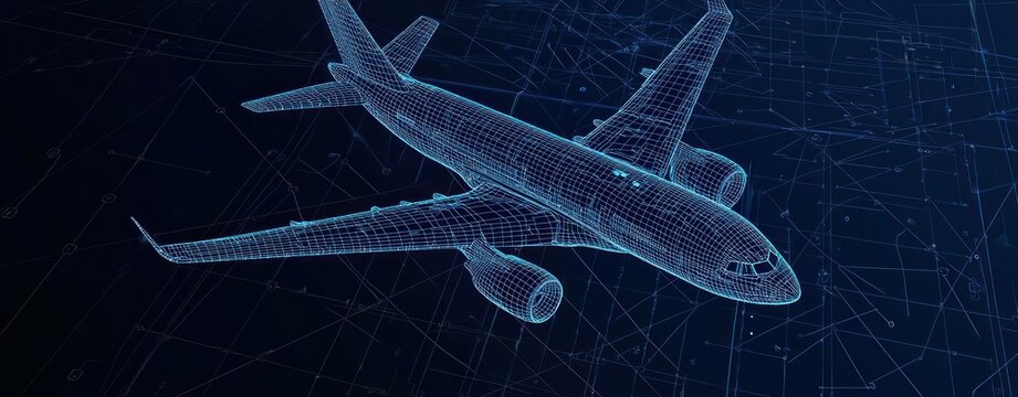 Digital wireframe airplane model over a dark blue background, representing technology and innovation in aviation and travel