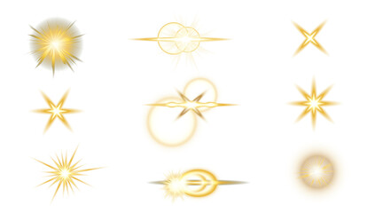Golden Sparks.Light effects. Wind glare, explosions, shiny, dust, lines, flares, sequins, stars, curved curls.lights. Stars in space. Isolated glints set. Sparkle glares. Vector shimmering elements.