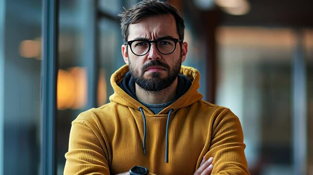 Confident man in yellow hoodie stands with arms crossed in modern office setting during daytime
