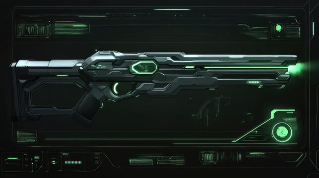 A futuristic, sci-fi gun with neon green accents on a data display.