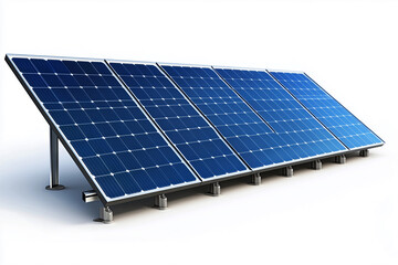 row of solar panels are lined up on a white background. The panels are blue and are arranged in a way that they are all facing the same direction
