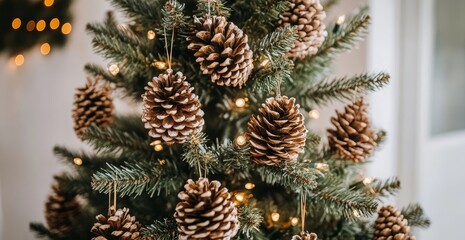 Pine cone ornaments on Christmas tree
