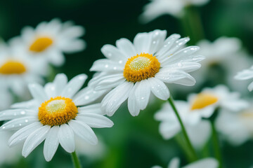 Fototapeta premium close up of a bunch of white flowers with yellow centers. The flowers are drooping and have a wet look to them. Scene is serene and peaceful, as the flowers are in a natural setting