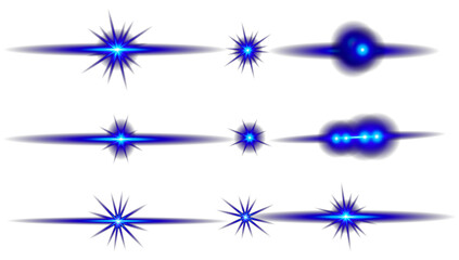 Blue snowflake. Stars in space.Realistic Blue snow Flash. Glowing effects. Glowing effects light or sunlight reflection from lens.  Isolated glints set. Vector shimmering elements.