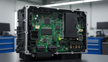 Control module with printed circuit board in modern workspace. Represents technology and engineering innovations.