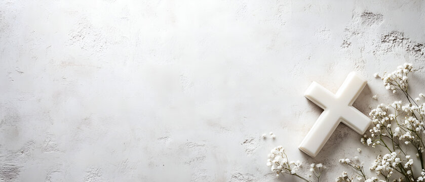 simple, minimalistic holy communion catholic ritual concept with white cross and purity symbolic white flowers isolated over bright, modern texture with copy space