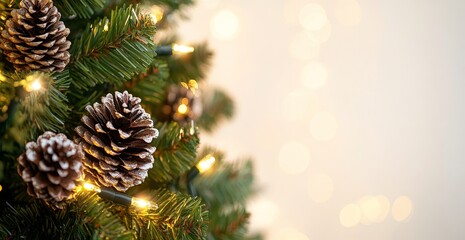 Christmas tree with pinecones and lights,  closeup