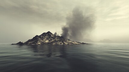 A desolate island with an erupting volcano spewing smoke into the sky.