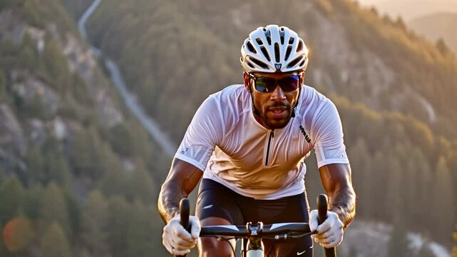 A black man trains hard on a bicycle on a mountain road. He is wearing a helmet and sunglasses. Concept of hard training and self-improvement.