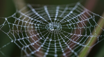 Close-up of a dew-covered spider web glistening in morning light amidst greenery