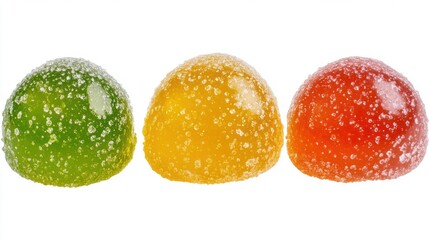 Obraz premium Vibrant Sugar-Coated Fruit Jelly Candies in Red-Orange, Green, and Yellow