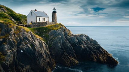A dreamy small lighthouse home perched on a rocky cliffside