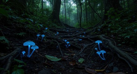 Glowing mushrooms illuminate a forest path surrounded by dense greenery