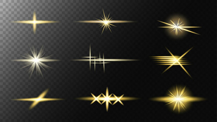 Realistic flares. Glowing effects light or sunlight reflection from lens. The shining, gold dust, confetti with reflections. Isolated glints set. Sparkle glares.Vector shimmering elements