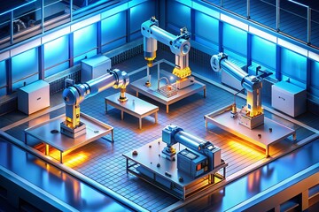 Isometric View: Dual-Arm Robot Assembling PCBs in Cleanroom