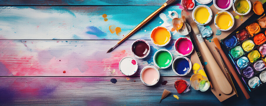 Vivid art supplies arranged on a colorful wooden table during a creative painting session