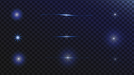 The dynamics of movement. Realistic flares. Blue Flash. Glowing effects. Round texture in the form of a star shaped explosion.  Isolated glints set. Sparkle glares. Vector shimmering elements. 