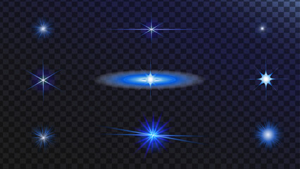 A futuristic-style star icon. A glossy blue stars set cyber star. Galaxy emoji with shooting star, sparkles, sparks. Stars in space. Isolated glints set. Sparkle glares.Vector shimmering elements