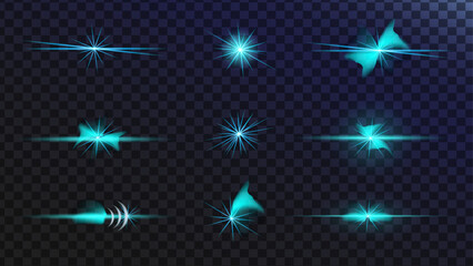 Realistic flares. Sparkling stars, flickering and flashing lights. Blue Flash Stars in space. Isolated glints set. Sparkle glares.Vector shimmering elements