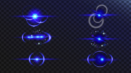 . Isolated glints set. Sparkle glares. Realistic flares. Blue Flash. Glowing effects. Glowing effects light or sunlight reflection from lens. Stars in space.Vector shimmering elements