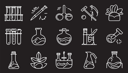 "Science and Lab Equipment Icons: White Line Art Vector Set"


