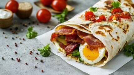 An overhead view of a Breakfast Burrito with Eggs and Bacon is set against a minimalist background