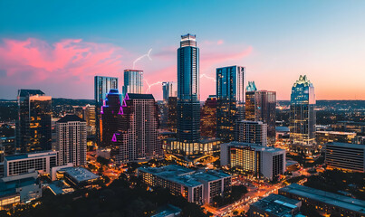 Obraz premium Vibrant Sunset Over Urban Skyline with City Lights and Clouds