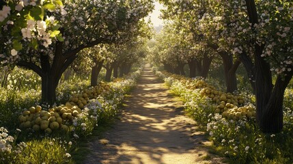 Naklejka premium A serene pathway through an apple orchard, surrounded by blooming flowers.