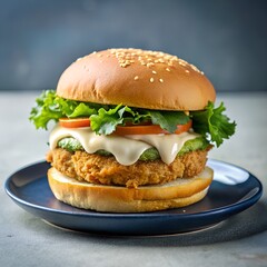 Spicy Chicken Burger on a Dark Blue Plate 