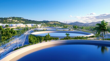 A scenic view of circular water reservoirs surrounded by greenery and mountains under a clear blue sky, illustrating modern water management, Green Technology.