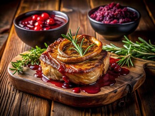 Juicy Pork Chop Steak with Raspberry Rosemary Gravy, Red Cabbage & Onion Rings