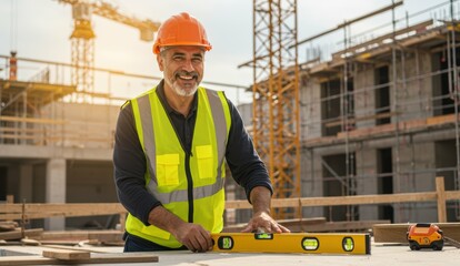 Middle-aged Hispanic man working with level tool at construction site. Highlights community building and workforce diversity.