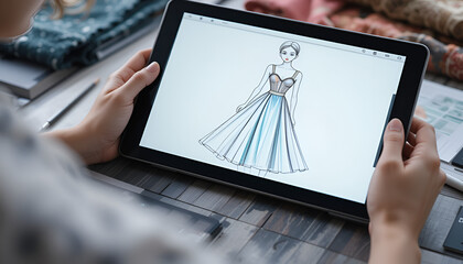 1️⃣ "Fashion Designer Sketching a New Dress on a Tablet with Fabric Samples Around" – Modern digital fashion design, high-demand commercial content.

