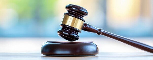 A close-up of a gavel resting on its base, symbolizing justice and authority in a legal setting.
