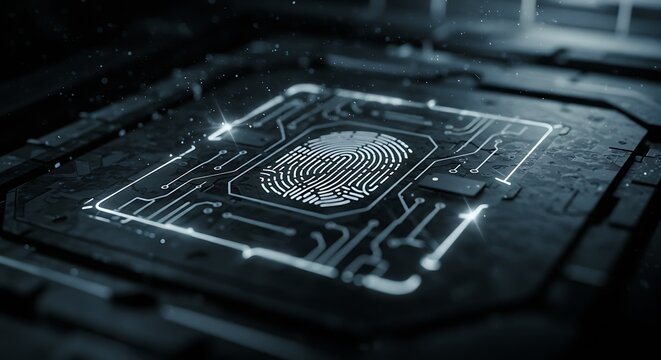 Fingerprint Scan on Computer Chip Illustrating Security and Technology Concept - Powered by Adobe