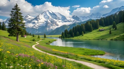 Scenic Mountain Landscape - Alpine Lake, Green Meadows, Snowy Peaks