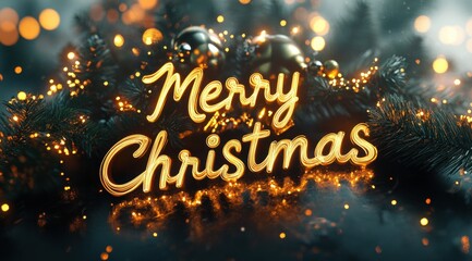 3D text "Merry Christmas" on glass, Christmas decoration with golden lights and pine tree branches