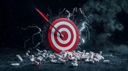 Dart with Red Flights Hit Target Board Surrounded by Candy Pieces