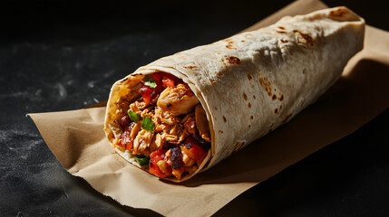 Delicious wrapped burrito filled with fresh ingredients on black background  
