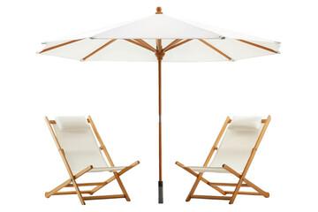 Front view of two white beach chairs and umbrella, isolated background